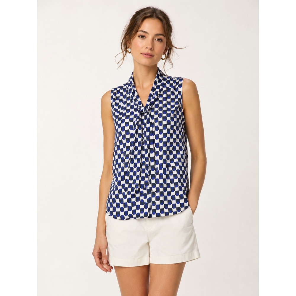 Banana Republic Womens Tie Neck Blouse S Geometric Mod Blue Sleeveless Top